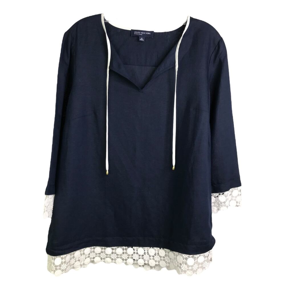 Jones‎ New York Tunic Top Womens Sz M Navy Blue Eyelet Hem V-Neck Long Sleeve